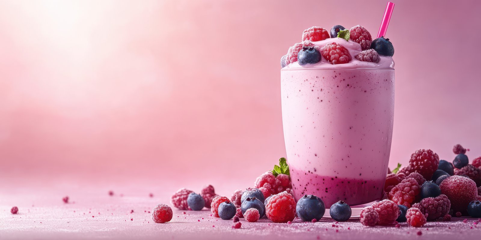 Delicious berry smoothie with fresh fruit on a textured pink background during daytime